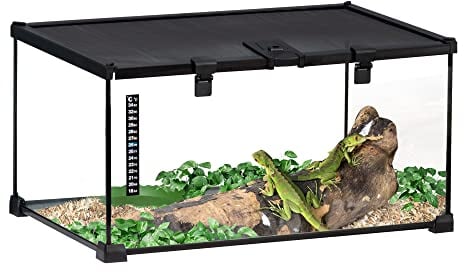 PawHut Boîte à Reptiles boîte d'élevage de Reptiles Habitat de Terrarium Transparent Couvercle Coulissant Treillis métallique Distributeur d'eau thermomètre Inclus Verre métal 50x30x25 cm Noir
