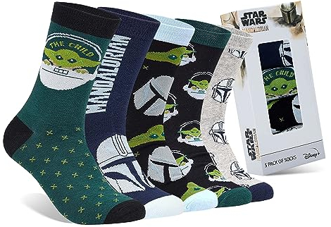Disney Socken Herren, Lustige Socken Herren, 5er Pack Bunte Socken Herren Set Mickey Mouse Baby Yoda Mandalorian Boba Fett (Grün Baby Yoda, 40-45 EU)