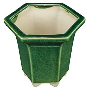 Maceta bonsai hexagonal de gres esmaltado verde (forma de cascada) 10.5x10.5x11 cm - YM19