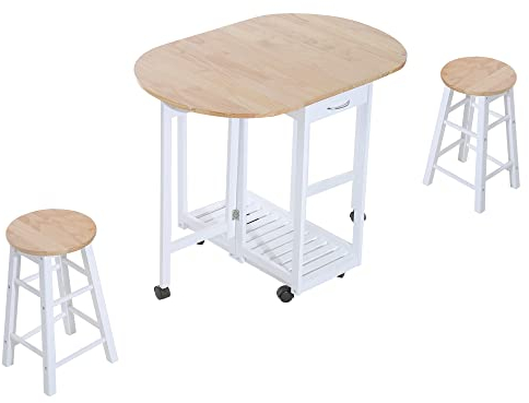 HOMCOM Set 3 Pezzi con Tavolo Pieghevole e 2 Sgabelli, Carrello da Cucina Salvaspazio con 6 Ruote, Bianco e Legno