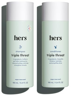 hers Triple Threat Shampoo & Conditioner Set - Biotin, Saw Palmetto, & Pumpkin Seed Oil Formula - Thickens & Hydrates - Color-Safe, Paraben-Free, Vegan - Napa Rose Scent - 6.4 Fl Oz, 2 Count