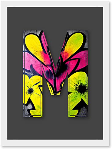 Wee Blue Coo Letter M Neon Yellow Flower Decorative Graffiti Mural Alphabet Initial Stencil Artwork Framed Wall Art Print A4