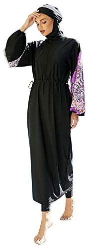 IMEKIS Damen Muslimisch Bademode 3tlg Kopftuch Bescheidener Badeanzug Islamischer Burkini Badeanzug Langarm Schwimmoberteil mit Hose Hijab Ganzkörper Schwimmanzug Schwarz 9 L