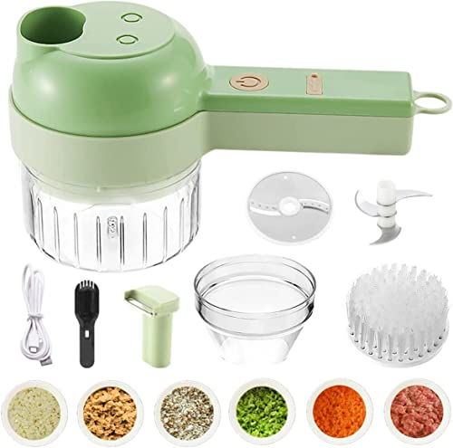 ZLYJ Mini Chopper Food Processor 4 in 1 Handheld Electric Vegetable Chopper Cutter Set Portable Vegetable Slicer Blender USB Rechargeable Wireless Garlic Crusher Green
