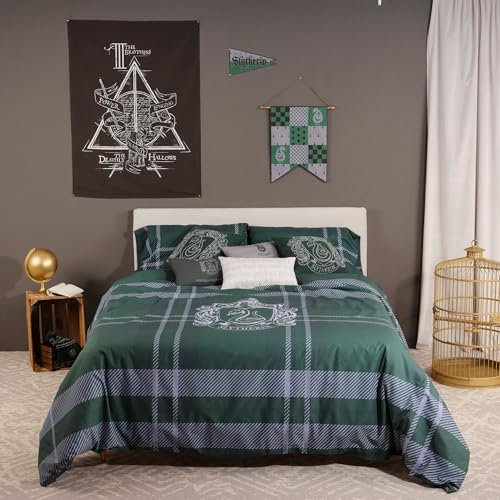 Belum | Bettbezug Harry Potter, Bettbezug mit Knöpfen aus 100% Baumwolle, Modell Classic Slytherin für 180 cm breites Bett (260 x 240 cm)