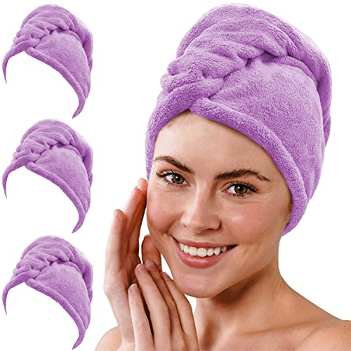 Gräfenstayn Set de 3 Toalla para el Pelo de Microfibra con 2 Botones - Toalla para Cabeza de Secado rápido, Absorbente - Toalla para Cabello Corto y Largo, Botón Turbante (Púrpura)
