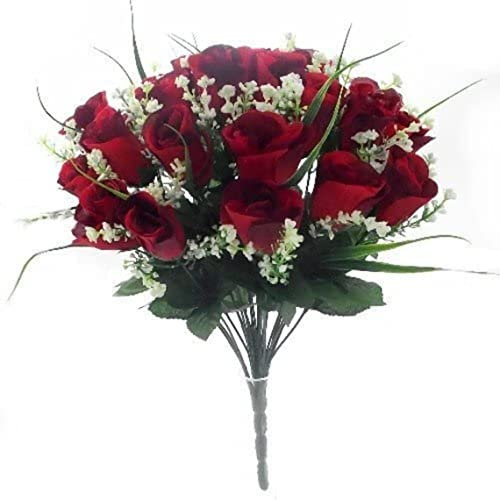 ARIATI 42cm Artificial Roses Gyp & Foliage, 24 Realistic Touch Red Rose Heads, Single Stem for Indoor Outdoor Events, Wedding, Home, Bridal Shower, Valentine, Garden, Grave Decor Fake Flower Bush