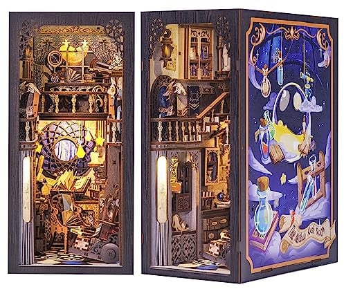 Fsolis DIY Book Nook Kit, Puppenhaus Miniatur Haus Kit mit LED Leuchten und Einsteckbar Staubschutzplatte, Book Nook Kreative Geschenke für Jungen und Mädchen(The Nebula Rest Room)
