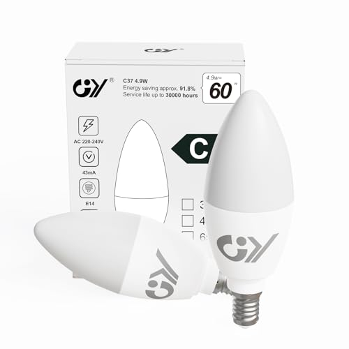 GY E14 LED Kaltweiss Lampe 4.9W 6500K 807 Lumen Kaltweiß Leuchtmittel,C37 Kerze Energiesparlampe 50W lampe ersetzt,Nicht Dimmbar LED Birnen,2 stück [Energieeffizienzklasse C]