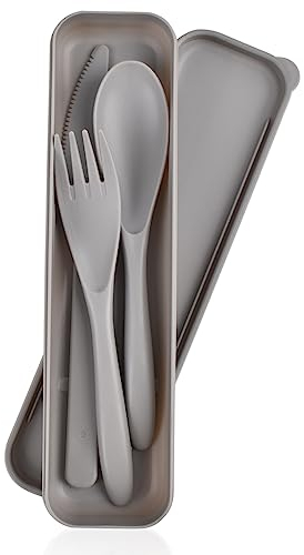 CUNTAUK Travel Cutlery Set with Case, Portable Cutlery Set Reusable Plastic Forks Spoon Tableware, Camping Cutlery Set for Travel Picnic Outdoor Office School Lunch Box or Daily Use (Gray), DARK-2-4