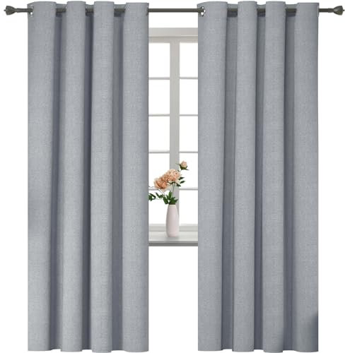 YSTELLAA Rideau 100% Occultant Lot De 2, 140×240cm, Effet Lin, Rideau Thermique Isolant Anti Froid Et Chaleur, Rideaux Anti Bruit, avec Oeillet, pour Salon Et Chambre, Gris Clair