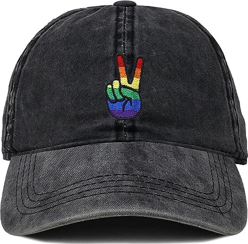 Funky Junque Dad Hat Unisex Baumwolle Low Profile Distressed Vintage Baseball Cap, Rainbow Peace Fingers - Schwarz, Einheitsgr��e