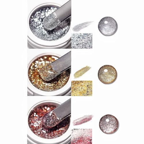 Metallic Painted Gel, Nagellack Glitzer 3 Colors Platinum Painting Gel Polish Drawing Silver Gold Sparkle Painted Gel High Glossy Nail Art Liner Nail Polish Soak off UV/LED DIY Manicure