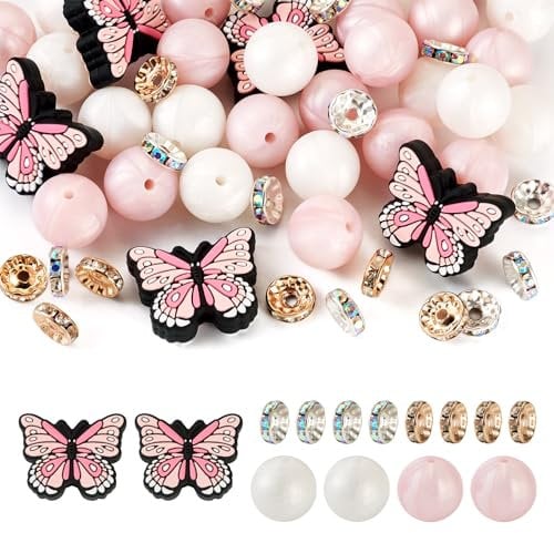 Cheriswelry 65Pcs Butterfly Silicone Beads Pink Rubber Beads Set for DIY Bracelet Necklace Keychain Jewelry Making Crafts