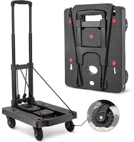 KOSTANZO Leichter Faltbarer Transportroller – 70 kg Dolly Cart mit verstellbarem Aluminiumgriff in 3 Stufen, tragbarer Gepäckwagen mit 2 elastischen Gurten für Reisen, Büro und Umzüge (40 cm x 32 cm)