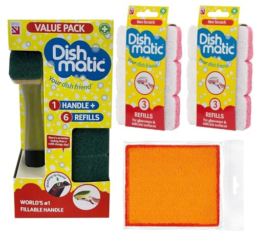 Scorpeon Washing Up Brush Bundle Pack - Easy Grip Dish Cleaner - with 6X Non Scratch Brush Sponge Refills and 2X Golden Tough Stain Scouring Cleaning Pads (Non Scratch Bundle)