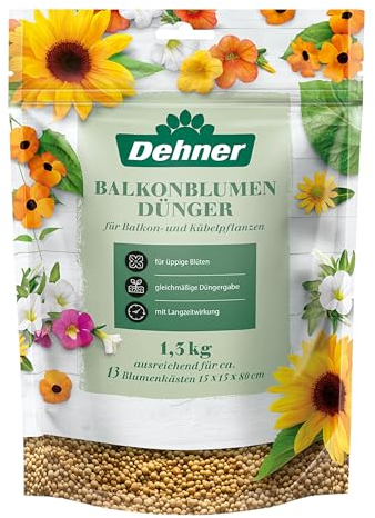 Dehner Balkonblumendünger, hochwertiger Dünger für Balkonpflanzen, organischer NPK-Dünger, mit Langzeitwirkung, 1.3 kg, für ca. 13 Blumenkästen, bunt
