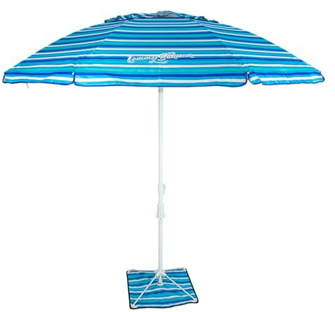 Tommy Bahama 7' ANCHORX Adjustable Beach Umbrella Base System with Sand Anchor and Carrying Bag, SPF 50+ Protection Portable Outdoor Market Umbrella, Blue Stripe