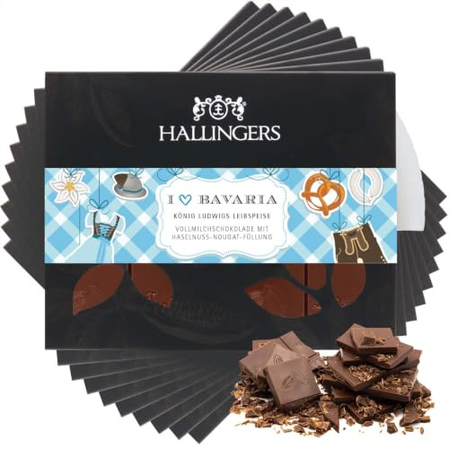 Hallingers Genuss Manufaktur Schokolade Geschenk - Tafel Edelkakao handgeschöpft ohne Alkohol edler Karton 10x I love Bavaria Haselnuss, Geschenkidee für Frauen Männer