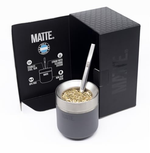 Matte Juego de Calabaza y Bombilla de Yerba Mate de 184 g - Incluye Caja DS Pro - Kit de Juego de Yerba Mate Libre de BPA con Pajita para Mate, Diseño Elegante, Base Antideslizante (Gris)