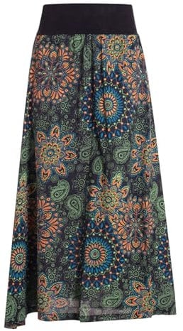 Vishes Langer Damen Herbstrock mit Mandalas in schwarz-grün I Größe XL (42) I Handgefertigt aus 100% Baumwolle I Rock mit breitem Bund I Für warme & kalte Monate I Nachhaltige Alternative Bekleidung
