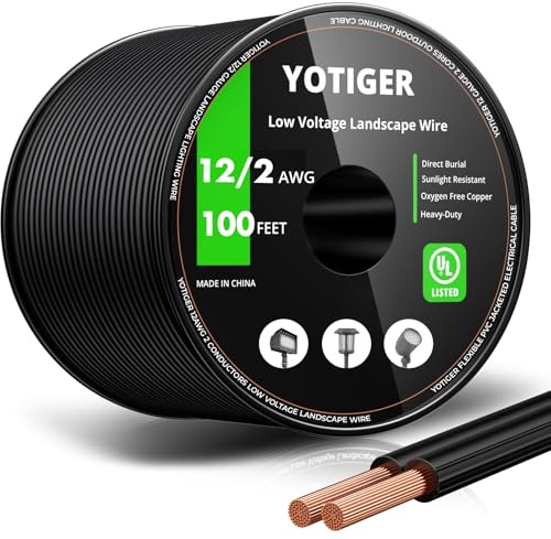 YOTIGER 12 Gauge Low Voltage Landscape Wire 100FT, 12/2 Low Voltage Landscape Lighting Wire, 12AWG 2 Conductors Copper Wire Direct Burial Electrical Wire for Accent, Path, Spot Lights, UL Listed
