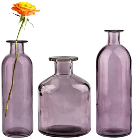 Jumuao 3 Stück Kleine Vasen für Tischdeko,Kleine Glas Vasen,Klar Glas Blumenvasen,Modern Glasvase Klein, Mini Vasen Für Tischdekoration Innendekor Hochzeit (Lila)