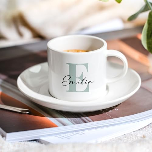 Firebox Tasse à expresso en céramique personnalisable avec monogramme et texte au choix - Tasse à moka individuelle avec soucoupe - Petite tasse à café comme cadeau pour les amateurs