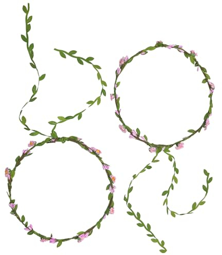 Zueyen 2PCS Flower Crown, Boho Flower Wreath Artificial Floral, Hair Floral Wreath Garland Leaf Ribbon, for Wedding Ceremony Party Festival (Pink)