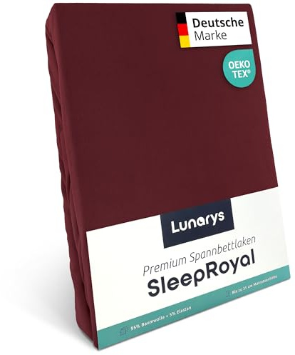 Lunarys® SleepRoyal Luxus Spannbettlaken 140x200cm - Burgunderrot - 250 g/m² Premium Bettlaken - 40 cm Steghöhe - für hohe Matratzen, Boxspringbett & Matratze + Topper & Wasserbett - Stretch Jersey
