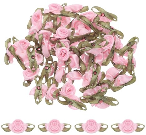 QUARKZMAN 50Pz Mini Rose Finte Rosa 1.5x3cm Fiori Artificiali Mini Rose Nastro Fiori Finti per Decorazioni per Artigianato Piccole in Raso Fiocchi
