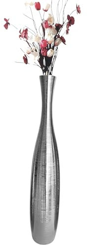 Edelste Deko-Bodenvase – Hohe Keramikvase für Pampasgras & Dekozweige - stabil, luxuriös, 50-90 cm höhe in Weiß, Schwarz, Grau, Silber und Gold (Silber, 50x12cm)
