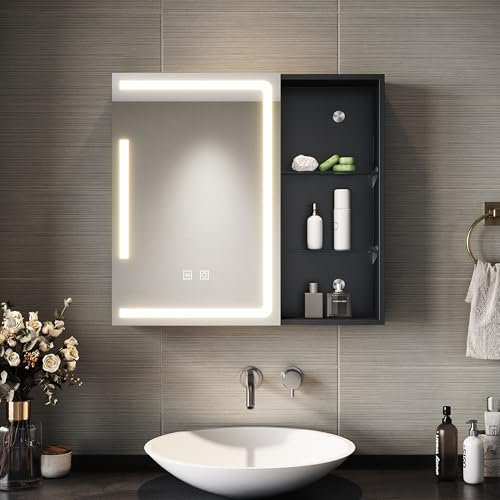 SIRHONA Armoire de Toilette Miroir, Armoire Murale avec Éclairage LED et Prises de Courant, Interrupteurs à Commande Tactile, Dimmable,avec Rangement et Étagères en Verre Réglables, 65 x 60 x 13cm