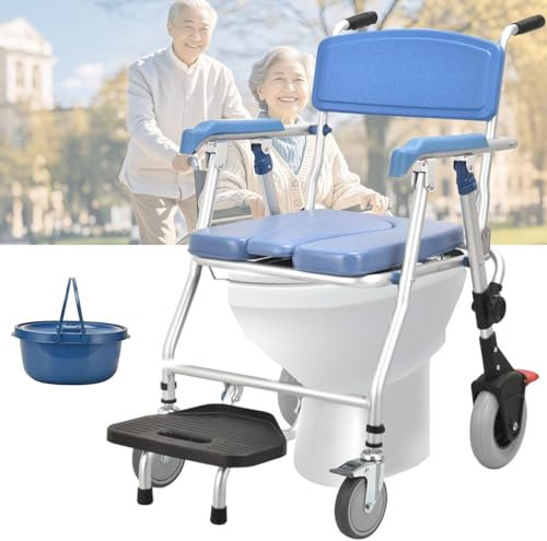 Duschstuhl mit Rollen Klappbar, Toilettenstuhl für Senioren mit Rollen, Toilettenrollstuhl mit Armlehne Duschstuhl mit Rollen Rückenlehne und Toiletteneimer, Belastung 150 kg (blau 1)
