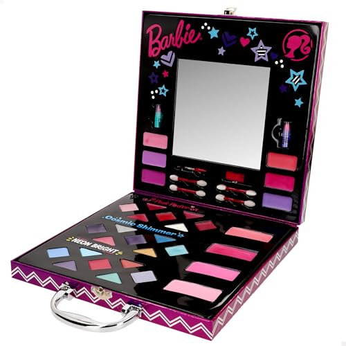 ColorBaby 47917 Barbie Maletín Maquillaje para niñas con Espejo Seguro, 21 Sombras de Ojos, 4 coloretes, 6 Colores de Labios, 2 pintalabios, Tocador portátil, Regalos niña 8 años, Makeup Set