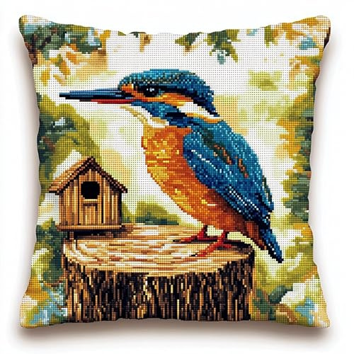 WallustrioaW Tier Kreuzstich Kissen Set,Eisvogel und Vogelhaus,DIY Kreuzstichkissen,Kreuzstich,Handarbeiten Stickerei,Heim-Bastelsets,Sofa-Dekoration,45x45cm