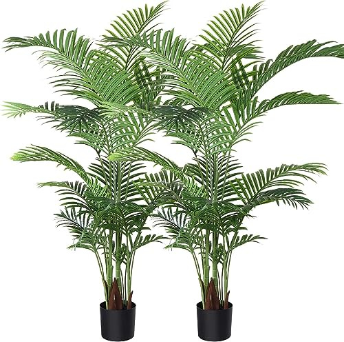 Artificial Areca Palm - 120cm Faux Palm Trees for Outside Patio, Fake Tall Plant for Indoor Outdoor Decoration (2 Pack)