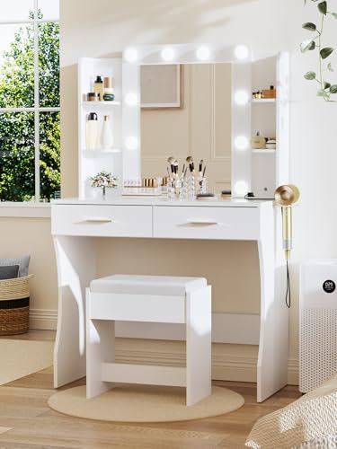FiveWillowise Schminktisch mit 10 LED-Beleuchtung und Steckdosen, Farbtemperaturregulierung, Frisiertisch mit Spiegel, Kosmetiktisch mit 6 Offenen Ablagen, mit 2 Schubladen und Hocker, Weiß