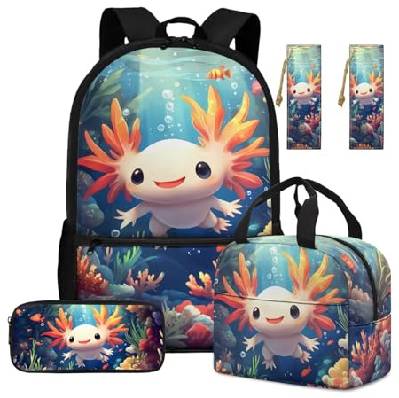 ASQVTIFE 4-teiliger Kinder-Rucksack mit Lunchbox und Wasserflaschen-Tasche mit Seitentasche, lässiger Rucksack, Axolotl Sea, Einheitsgröße