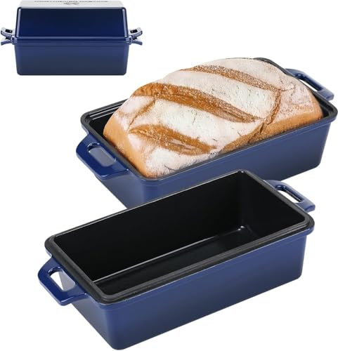 2 in 1 Enameled Cast Bread Pan with Lid, Perfect Bread Oven, Loaf Pans for Baking Homemade Sourdough Bread 9x5, 2 Piece Set, Wine red