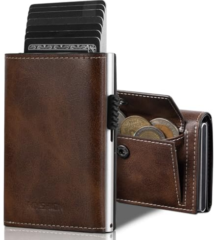 MYSHION Portafoglio Pop-Up da Uomo con Tasca per Monete, Portafoglio Trifold con Finestra ID, Porta Carte RFID Intelligente con 6 Scomparti per Fino a 11 Carte (Marrone)
