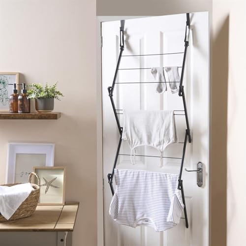 OHS Over The Door Hanging Clothes Airer, Space-Saving Concertina Foldable Clothes Drying Rack with Multiple Bars Small Apartment Essential Landry Over Door Drying Rack, Black