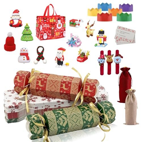 Christmas Crackers Pack of 15,DIY Party Crackers Bulk,Make Your Own Christmas Crackers Kit,ChristmasCracker Candy Paper Boxes with with Hats Joke Card and Prizes for Xmax Family Crackers Gift