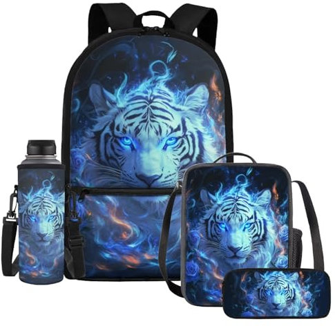 HUIACONG Jungen-Rucksack für Kinder mit Lunchbox-Set, Rucksack 6-8/8-10, 1. Klasse Federmäppchen, Tiger Fire, One size