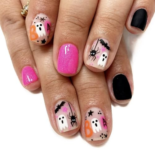Halloween Stick on Nails, Short False Nails with Glue, 24Pcs Square Press on Nails with Cute Cartoon Ghost Bat Spider Designs in Deep Pink and Black Fake Nail for Halloween Nail DIY