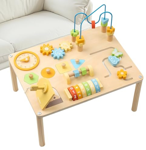Tewzafiya Kinder Aktivitätstisch - Lernspieltisch - Lernspielzeug aus Holz mit Kugelbahn und Steckspiel für Kleinkinder