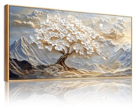SERIMINO Quadro Moderno Albero Della Vita Montagna con Cornice 50x100 cm | Albero Bianco Montagne Dorate Nuvole, Stampa HD, Tela Densa, Legno Massello, Install Facile, Usi Vari, Regalo