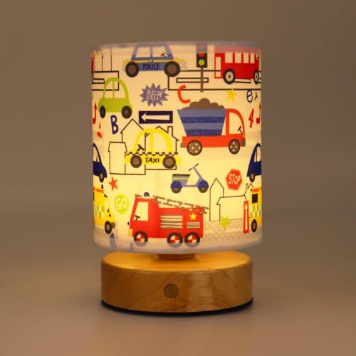 Wetry Baby Nachtlicht Nachttischlampe Touch-Dimmbar Aufladbar, Auto Motiv | 3 Farbtemperaturen, Holz Basis, Stoff Lampenschirm, Zylinder, 10x11x16,5cm, Jungenzimmer Nachtlampe