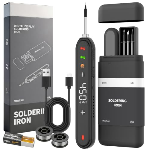 Cordless Soldering Iron Kit with 1600mAh Battery, 8s Fast Heat-Up, Adjustable Temp 180~450°C, Type-C Charging, 3 Tips Solder Wire & Paste, Rechargeable Soldering Pen for Electronics Repair Black