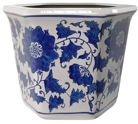 Oriental Furniture - Maceta de Porcelana (25,4 cm), diseño Floral, Color Azul y Blanco